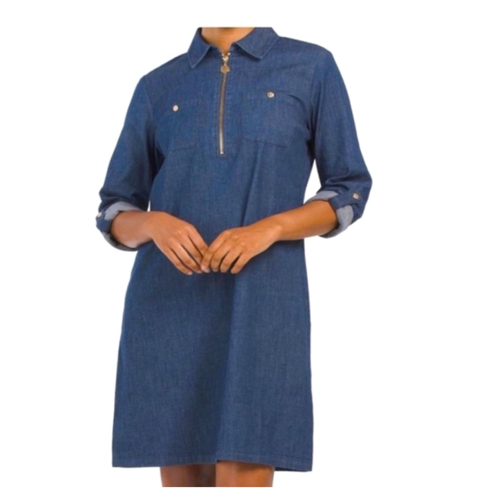 Anne Klein Denim 3/4 Sleeves Zip-Up Dress